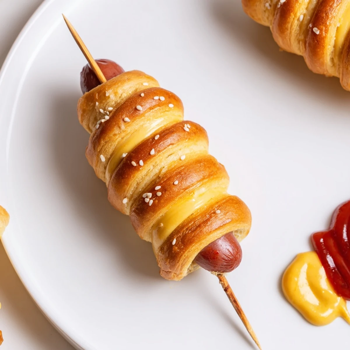 Golden baked Firecracker Hot Dogs Recipe, buttery dough spirals with sesame
