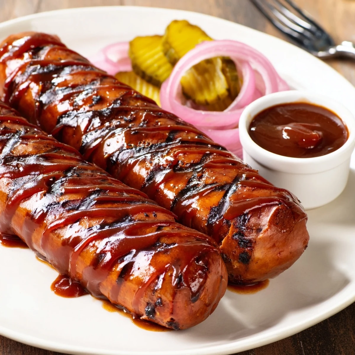 Grilled summer BBQ Sausage Recipe piled in buns with crunchy coleslaw