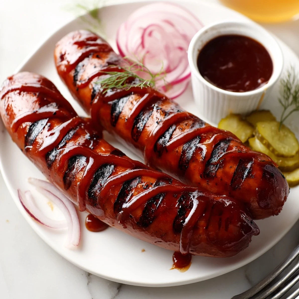 BBQ Sausage Recipe showing charred sausages glazed in sticky tangy sauce