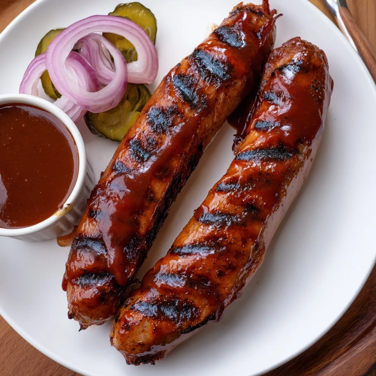 Smoky BBQ Sausage Recipe basted and caramelized, served with pickles and corn