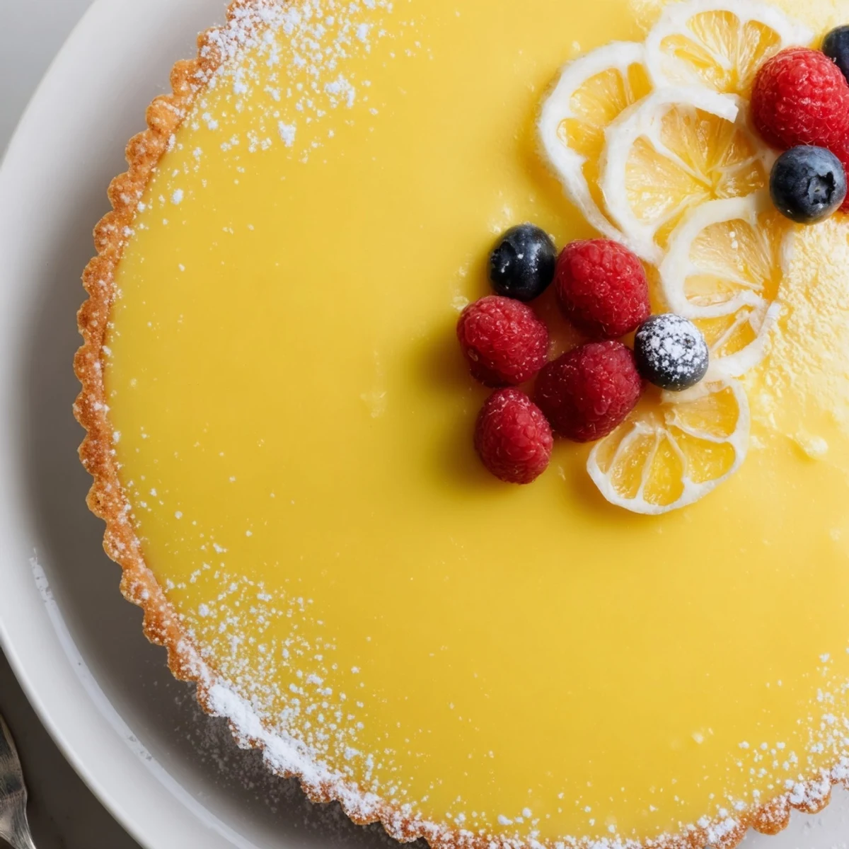Creamy Lemon Tart Recipe on a wooden board, silky filling and golden crust