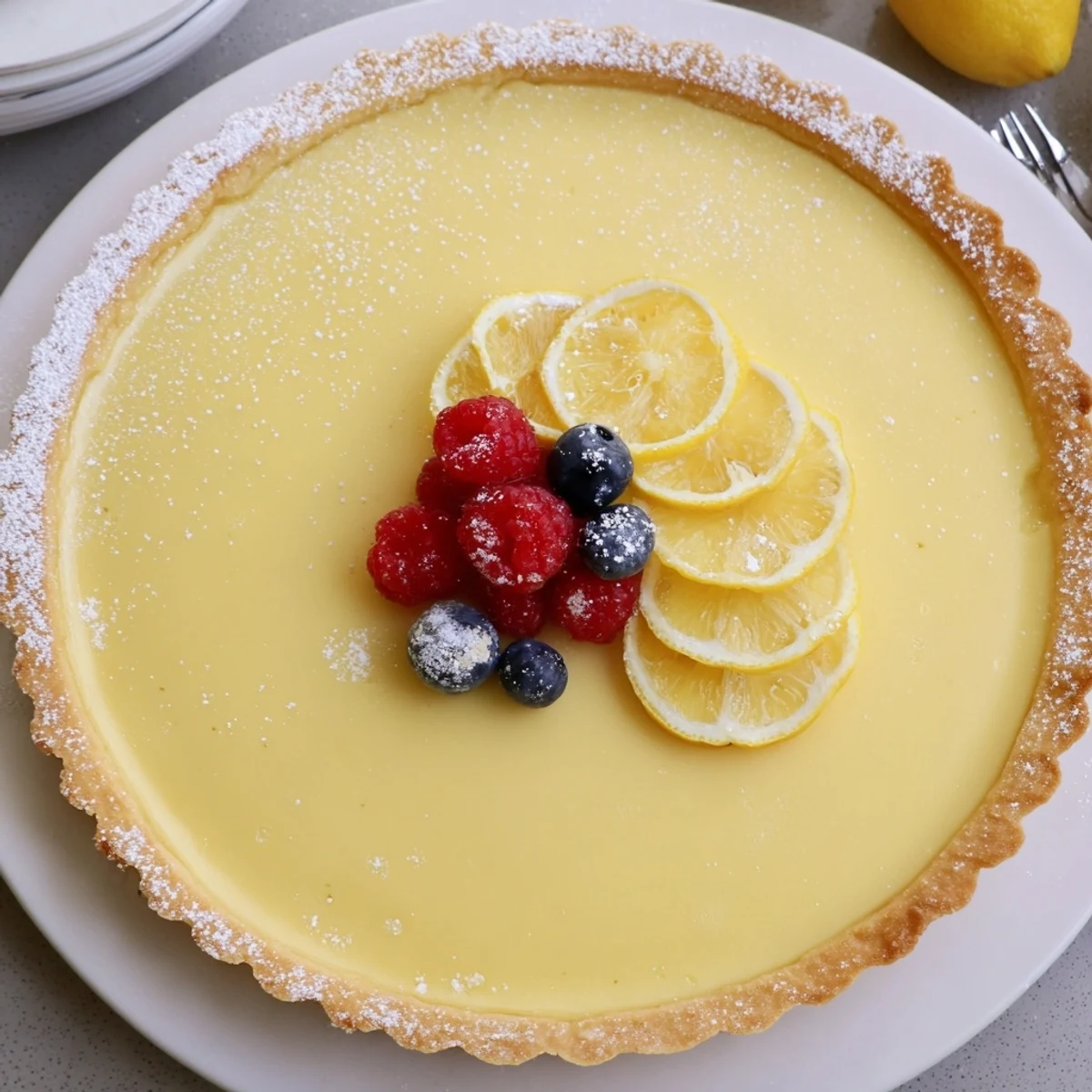 Chilled Creamy Lemon Tart Recipe dusted with powdered sugar, bright citrus aroma