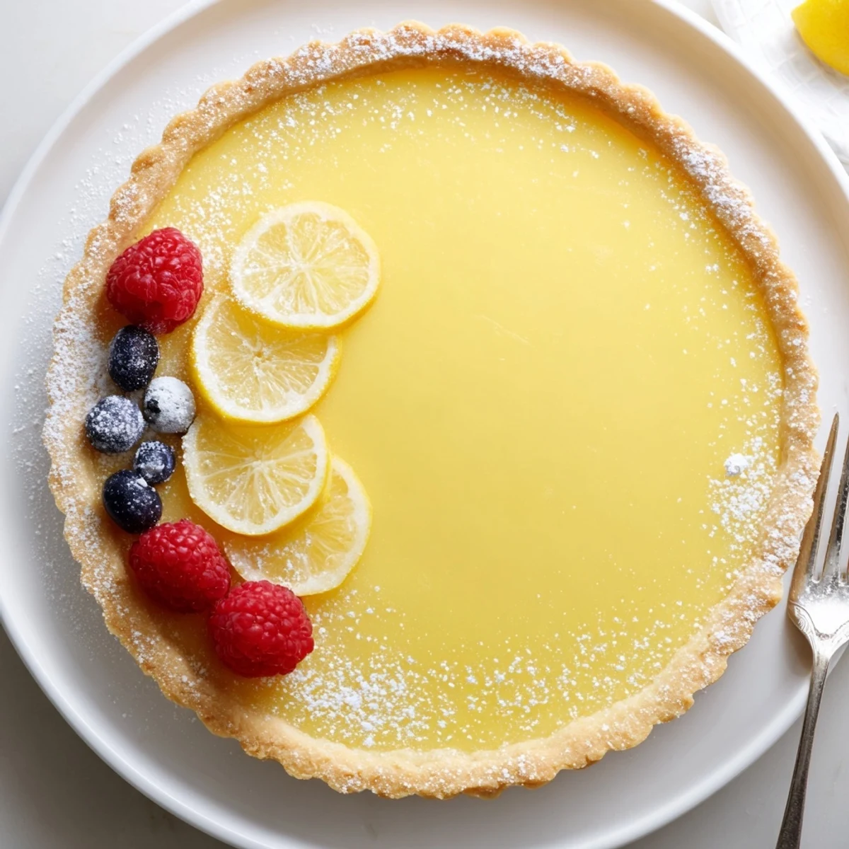 A slice of Creamy Lemon Tart Recipe served with berries and sparkling wine