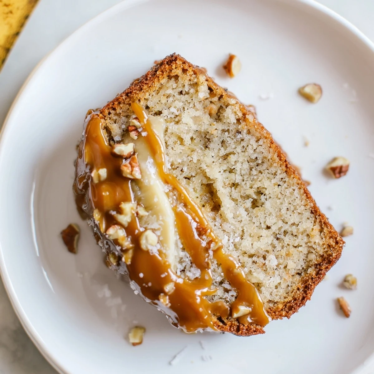 Nutty, gooey Salted Caramel Brown Butter Banana Cake Recipe topped with flaky sea salt