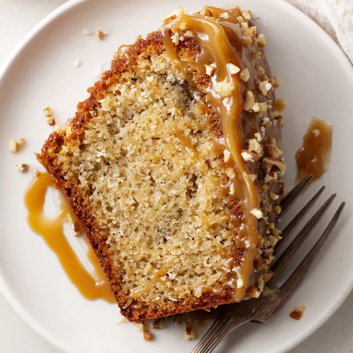 Warm Salted Caramel Brown Butter Banana Cake Recipe on plate with vanilla ice cream