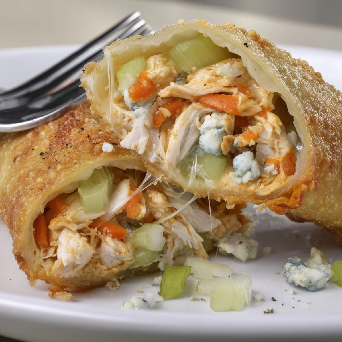 Crispy golden Buffalo Chicken Egg Rolls with gooey cheese, ranch for dipping