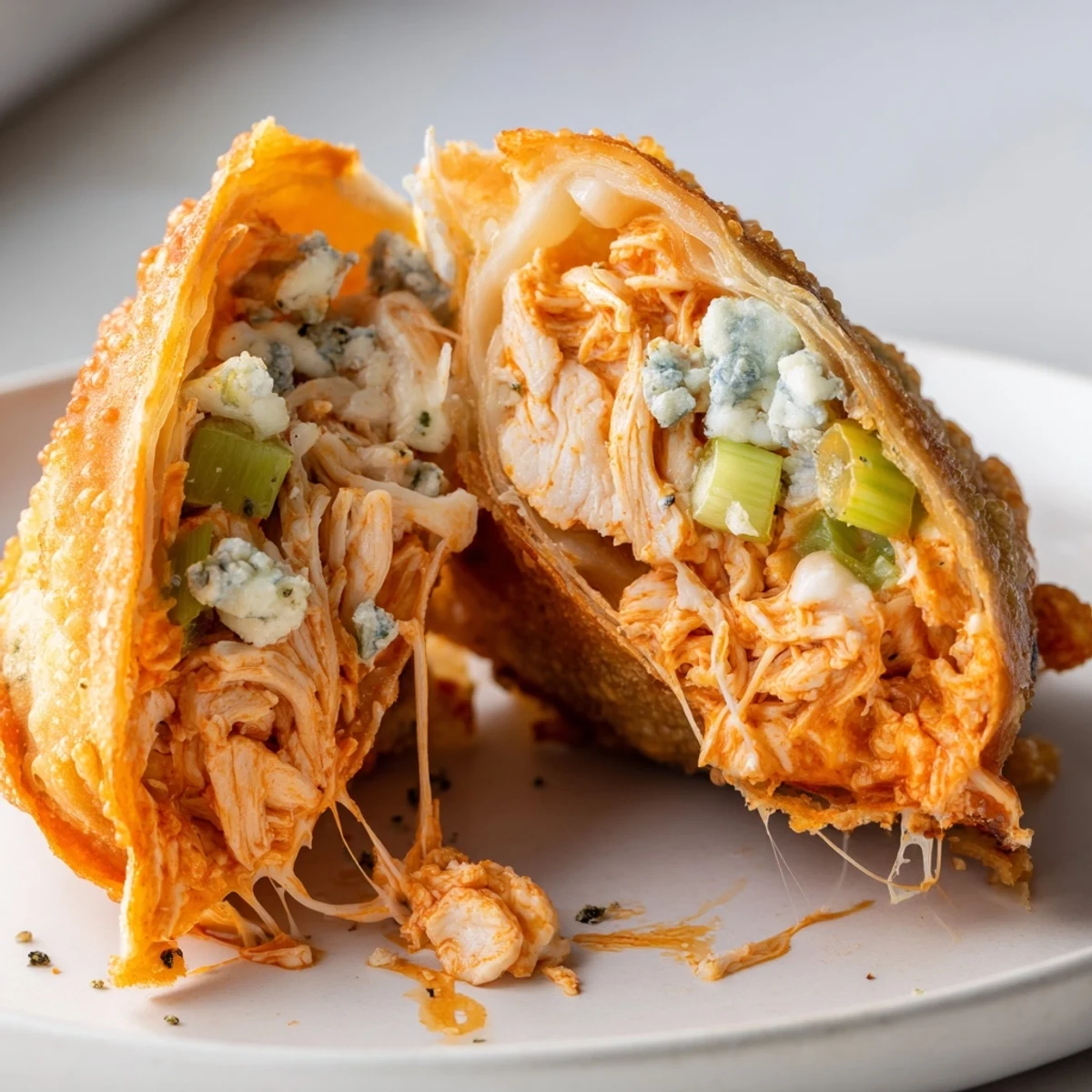 Fried Buffalo Chicken Egg Rolls, crunchy exterior and spicy shredded chicken inside