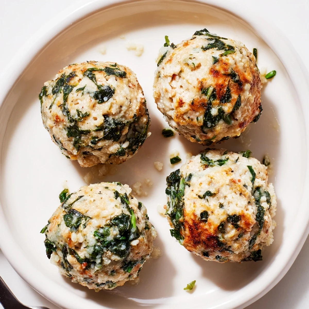 Pan-seared Low Carb Spinach Chicken Meatballs, fragrant garlic and Parmesan, ready to serve