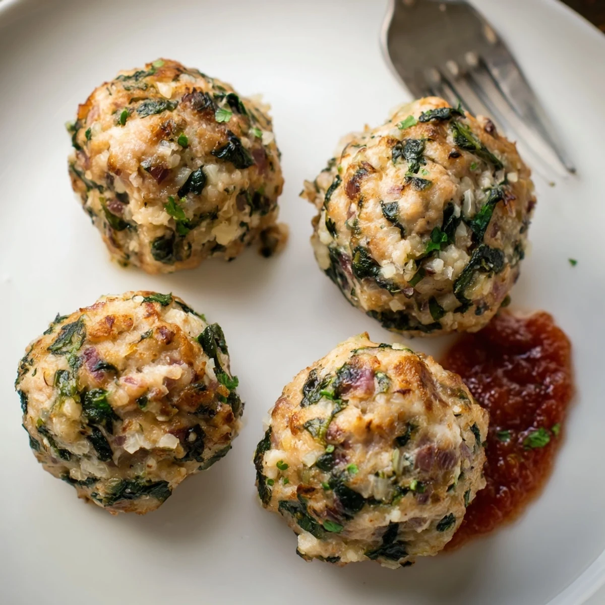 Baked Low Carb Spinach Chicken Meatballs glistening with olive oil, plated with salad