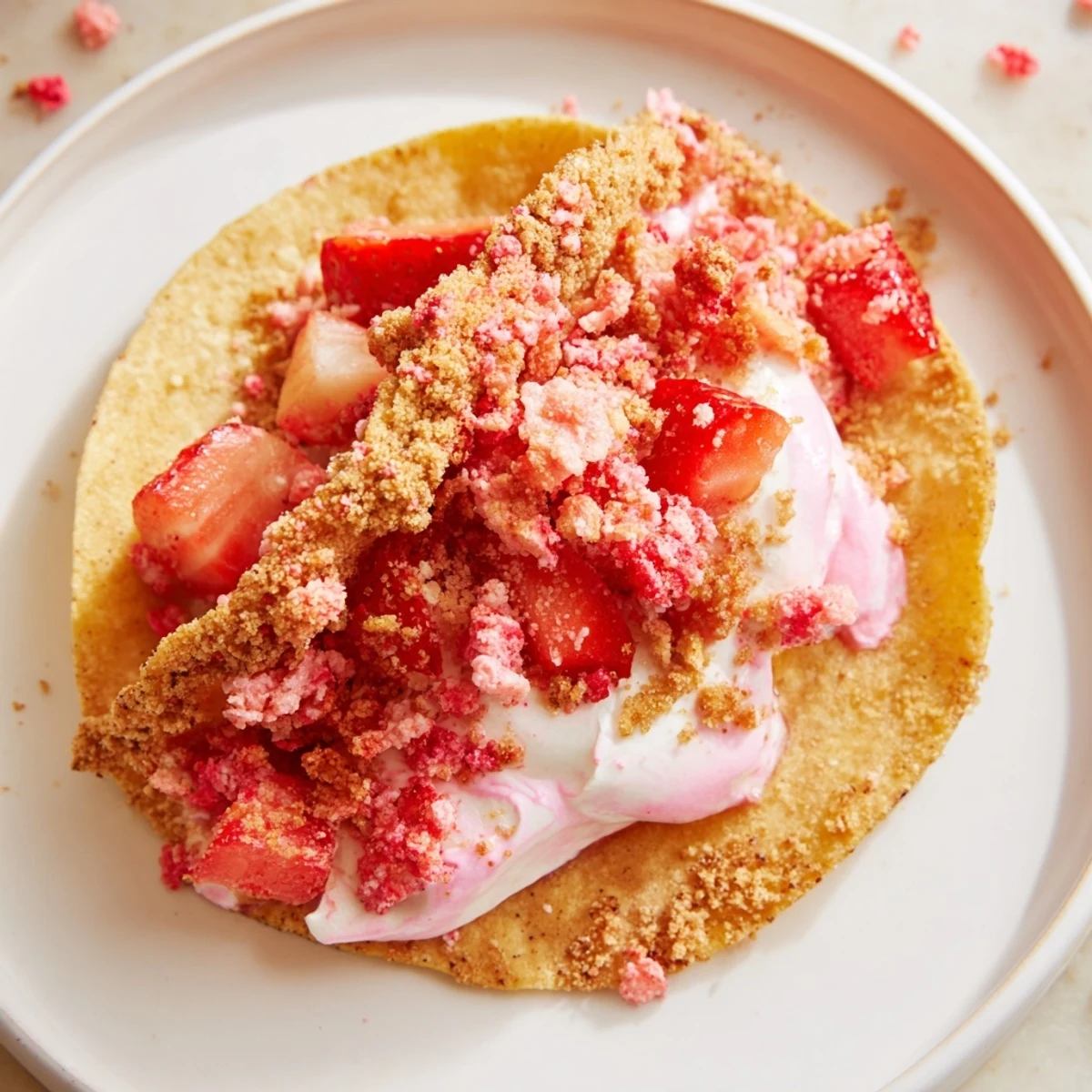 Strawberry Crunch Cheesecake Tacos with creamy filling, golden crunchy shells, fresh strawberries