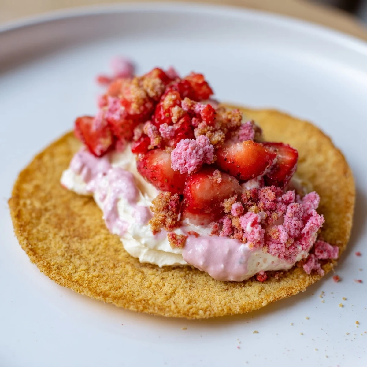 Chilled Strawberry Crunch Cheesecake Tacos dusted with strawberry crunch, crisp buttery shells