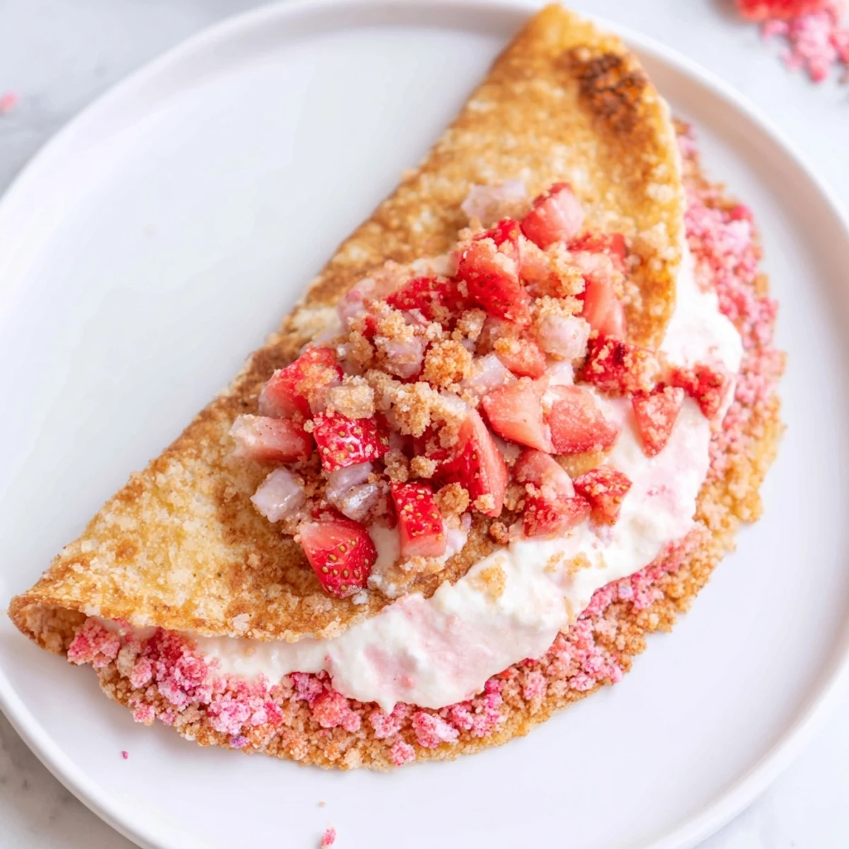 Piped Strawberry Crunch Cheesecake Tacos topped with diced strawberries on party platter