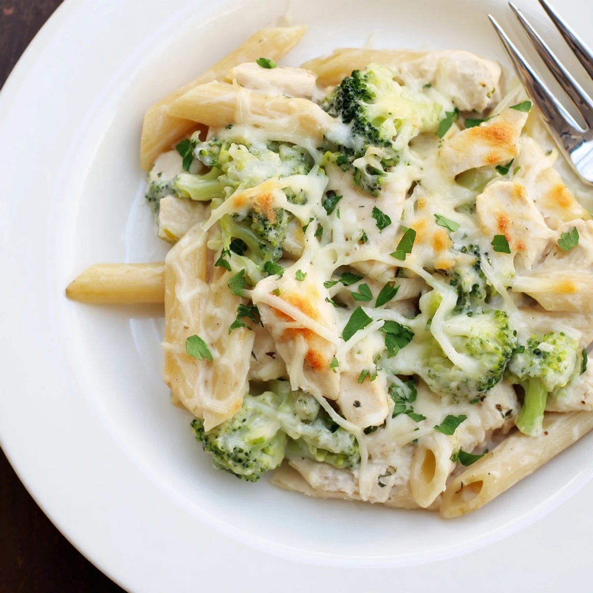 Creamy Chicken Broccoli Alfredo Bake Recipe with golden cheese, steaming on table