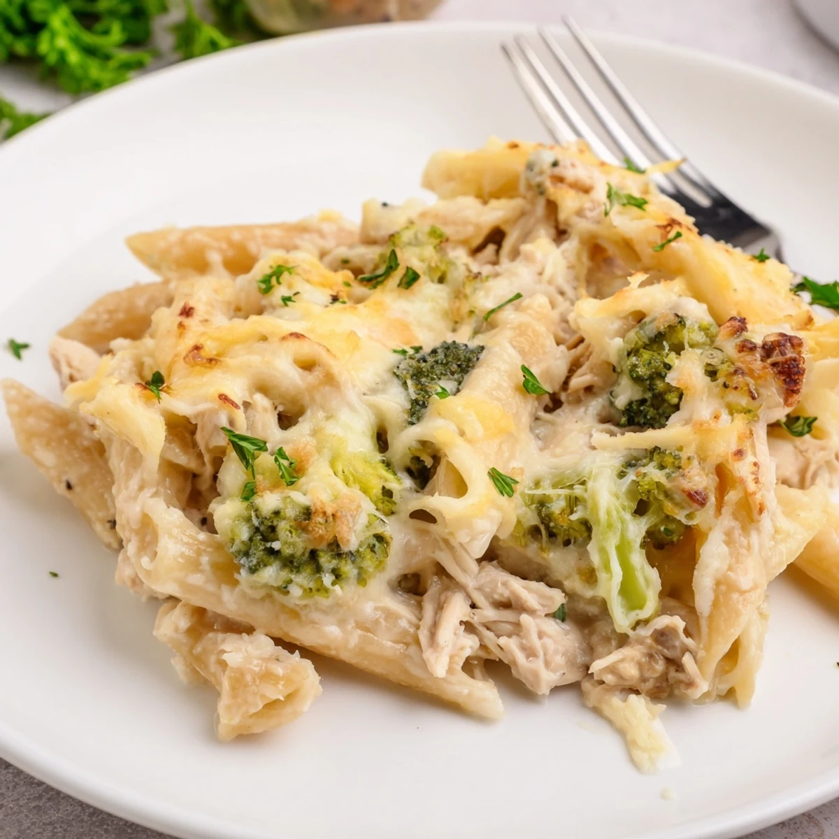 Oven-finished Chicken Broccoli Alfredo Bake Recipe, bubbling sauce and crisped edges