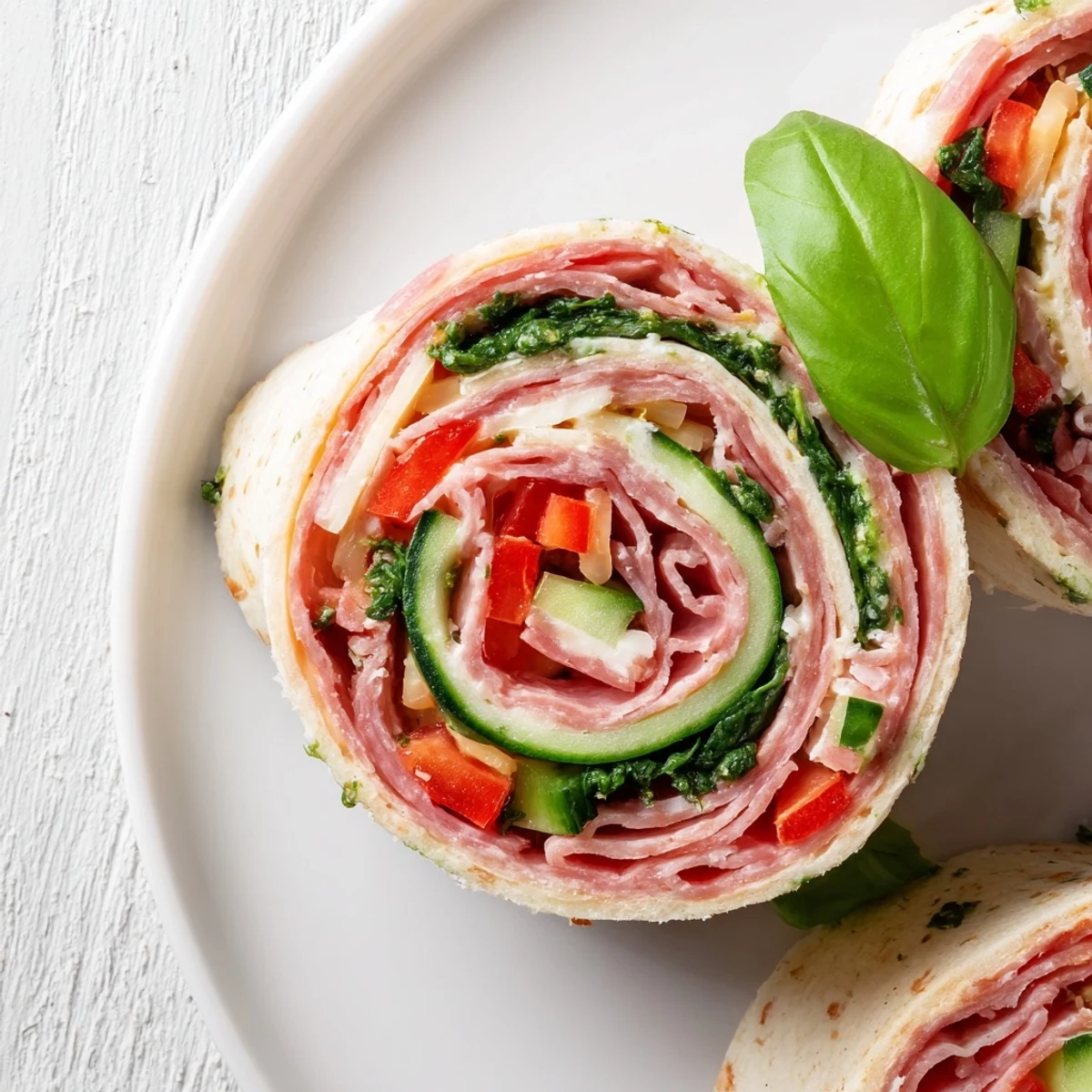 Chilled Italian Pinwheel Sandwiches sliced bite sized, crisp cucumber and basil garnish  