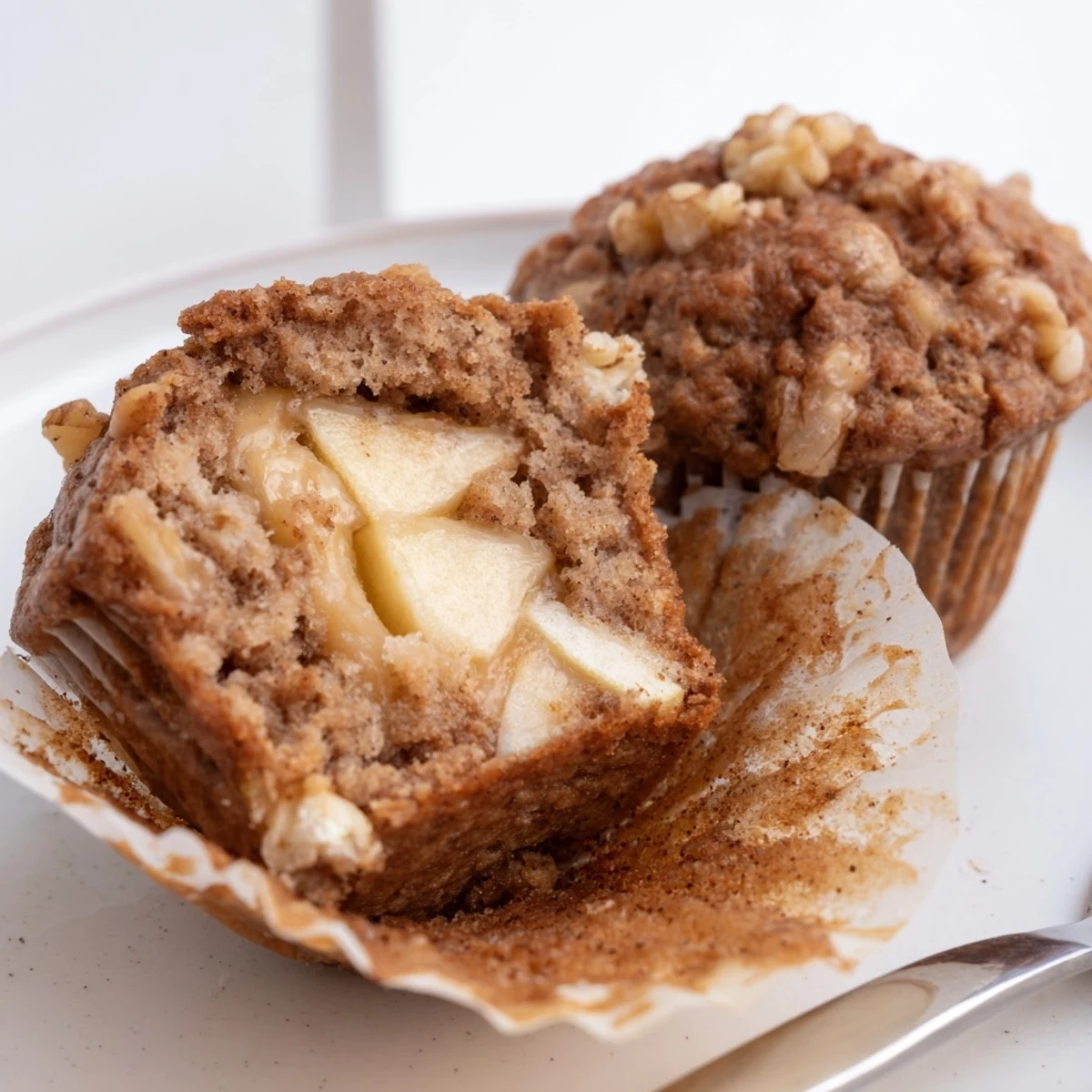 A stack of Healthy Apple Cinnamon Greek Yogurt Muffins with honey drizzle, warmly spiced.