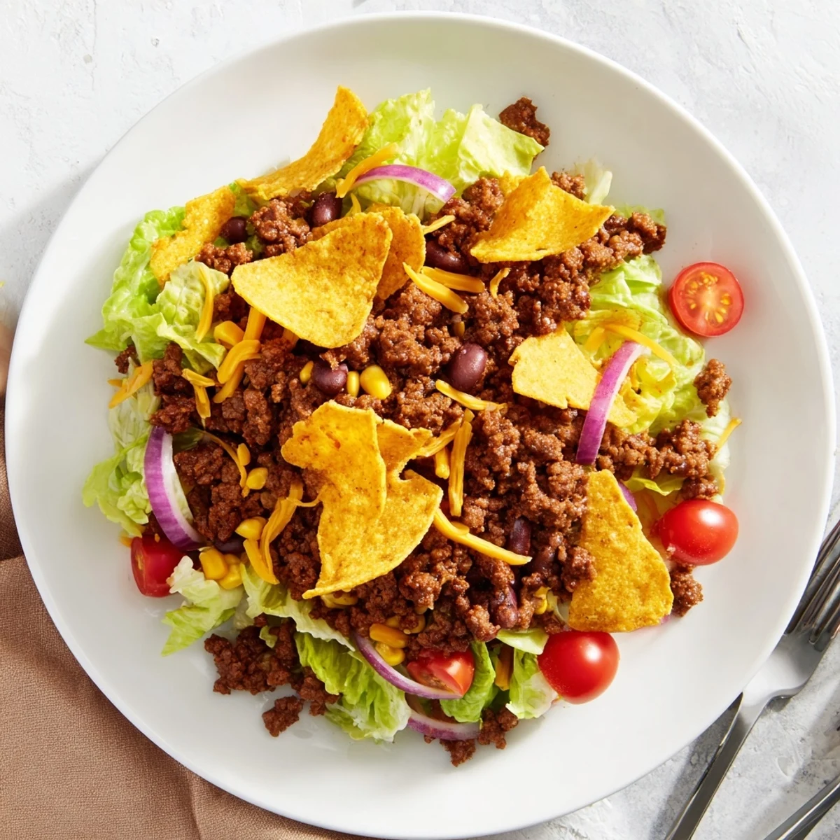 Simple Doritos Taco Salad piled high with crunchy chips and zesty beef