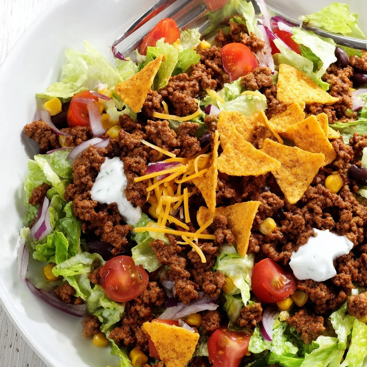 A bowl of Simple Doritos Taco Salad with crisp romaine and cheddar