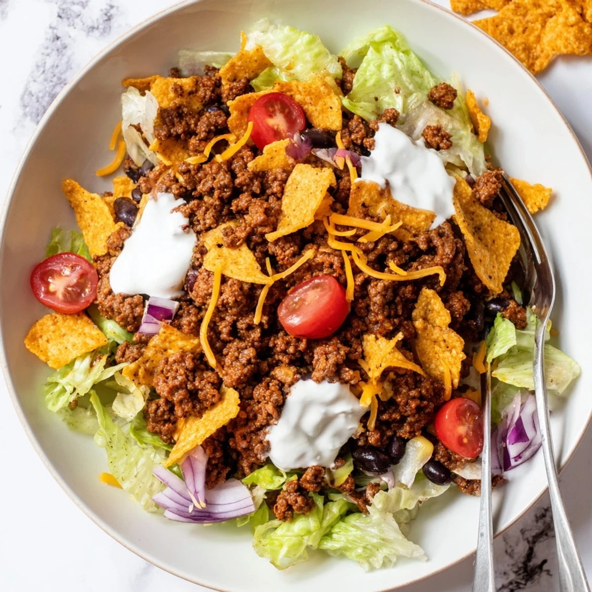Simple Doritos Taco Salad tossed tableside, warm seasoned beef, cool creamy ranch