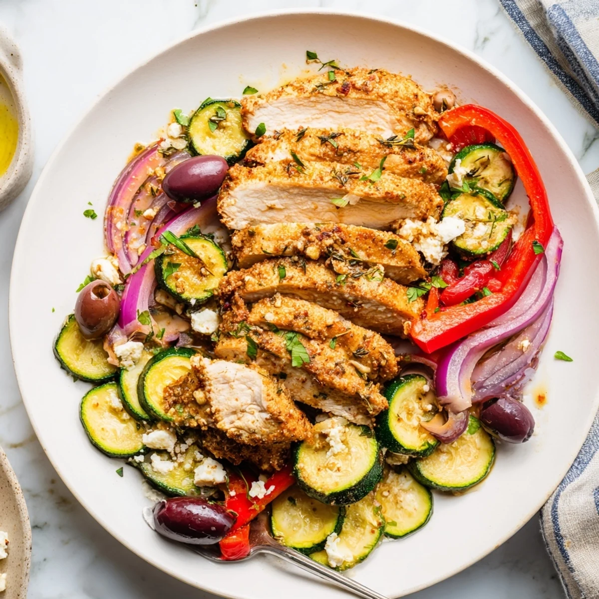 Sheet Pan Mediterranean Chicken Zucchini with golden roasted vegetables and lemony juices.