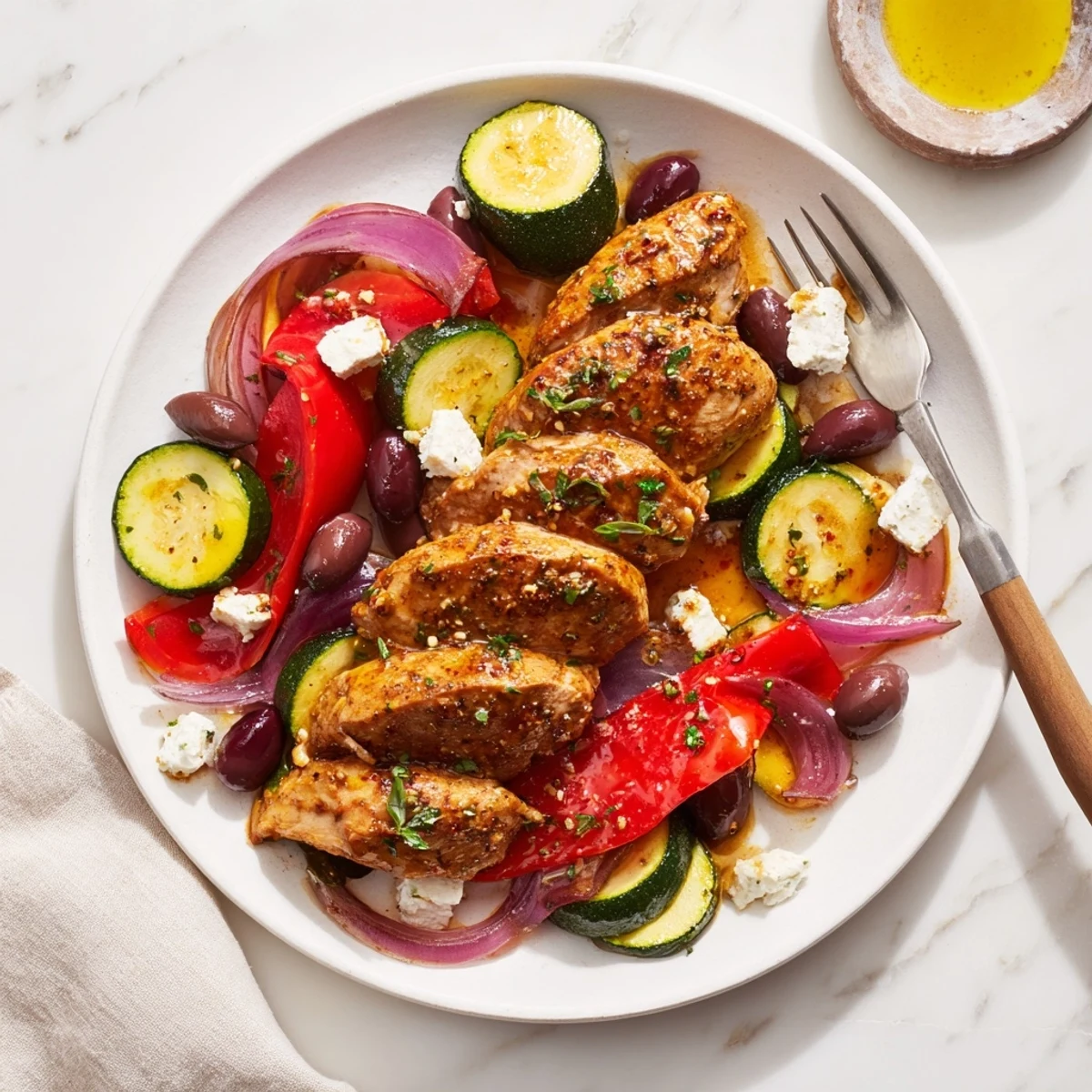 Roasted Sheet Pan Mediterranean Chicken Zucchini garnished with feta, olives, fresh parsley.