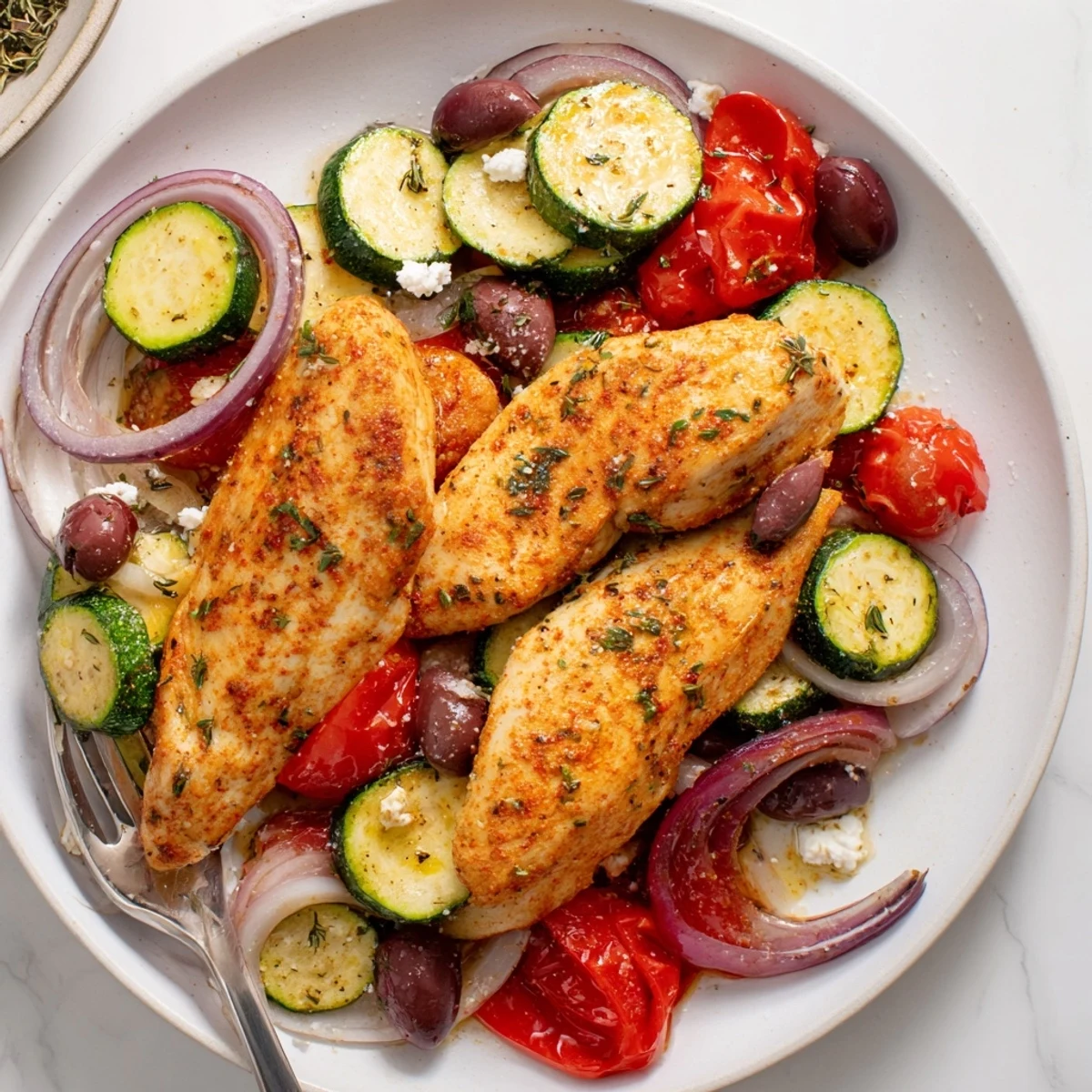 Aromatic lemon-herb Sheet Pan Mediterranean Chicken Zucchini resting, tomatoes blistered.