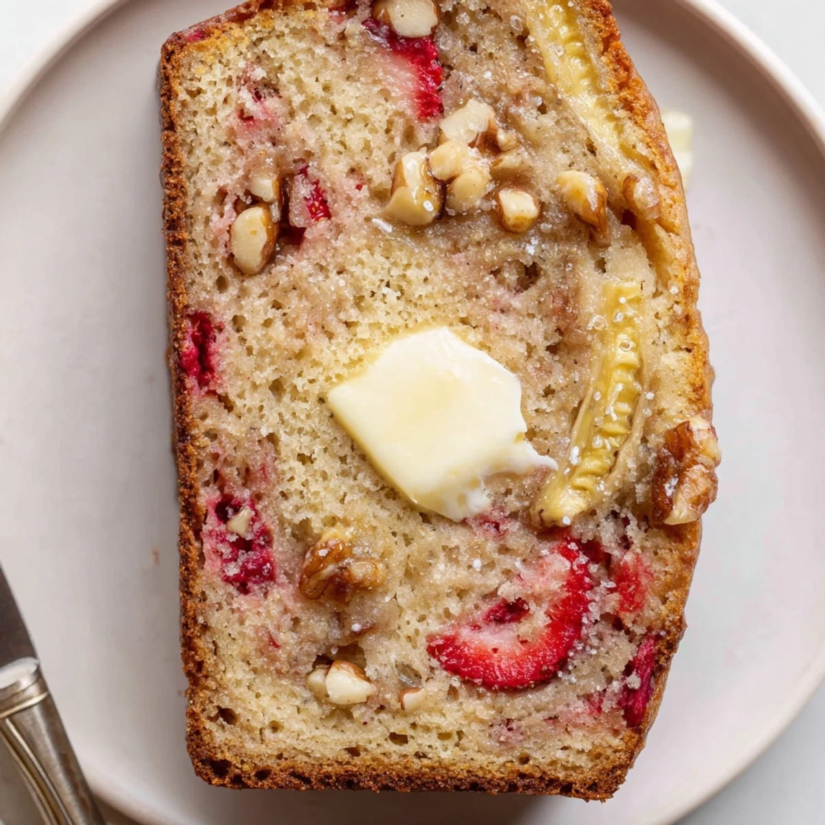 A slice of Strawberry Banana Bread Recipe resting on plate, buttery steam rising