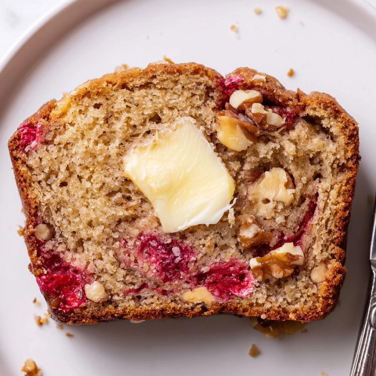 Homestyle Strawberry Banana Bread Recipe studded with chopped strawberries, tender crumb, served warm