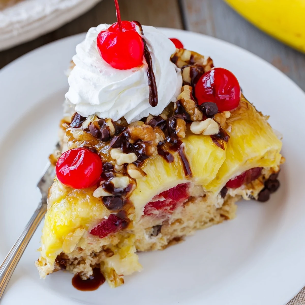 Sliced bananas and pineapple under Banana Split Dump Cake, served with whipped cream