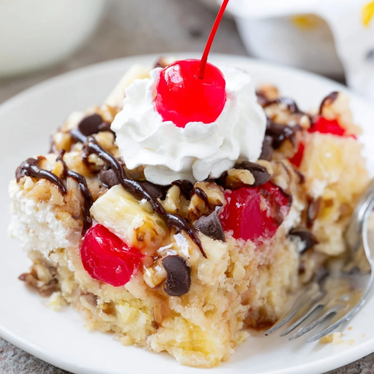 Chocolate chips and cherries stud a warm Banana Split Dump Cake, ready for scoops