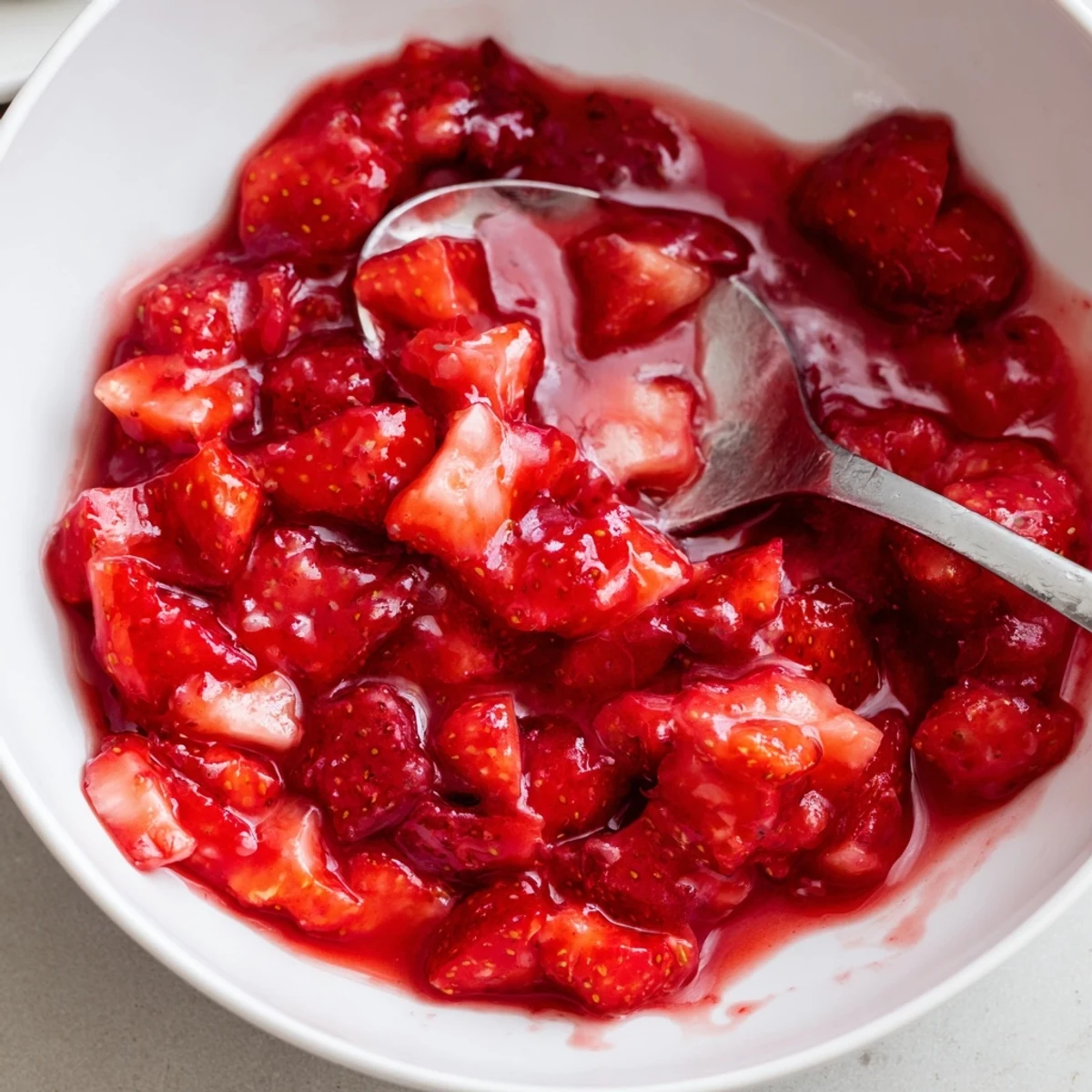 Strawberry Cake Filling Recipe showing glossy red filling thickened, spoon ready for layering.