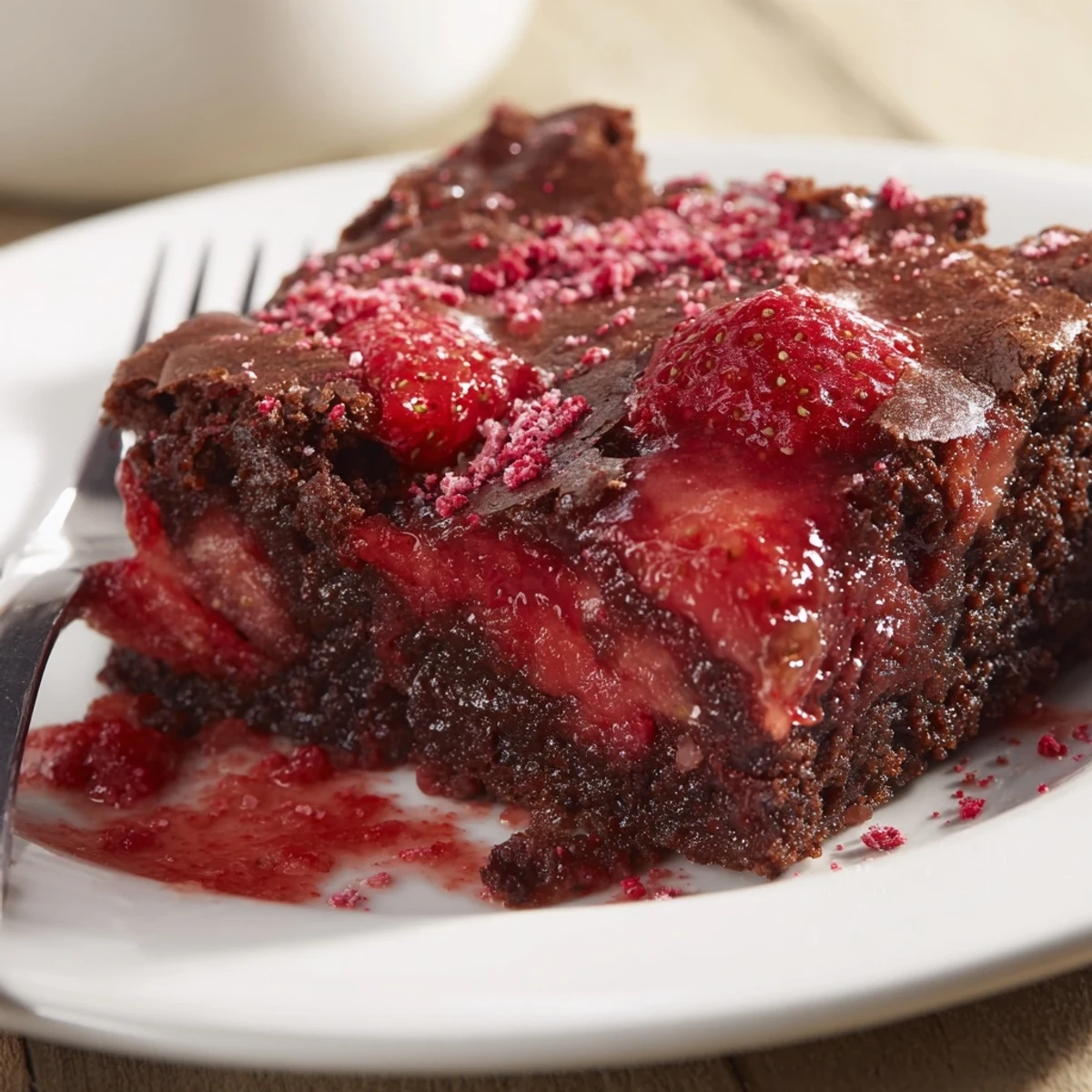 Strawberry Brownies topped with glossy strawberry glaze, fudgy center, powdered sugar.