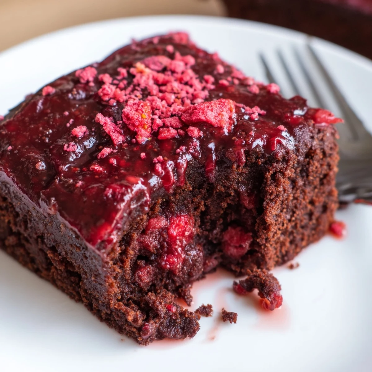 Single slice of Strawberry Brownies served with whipped cream and fresh berries.