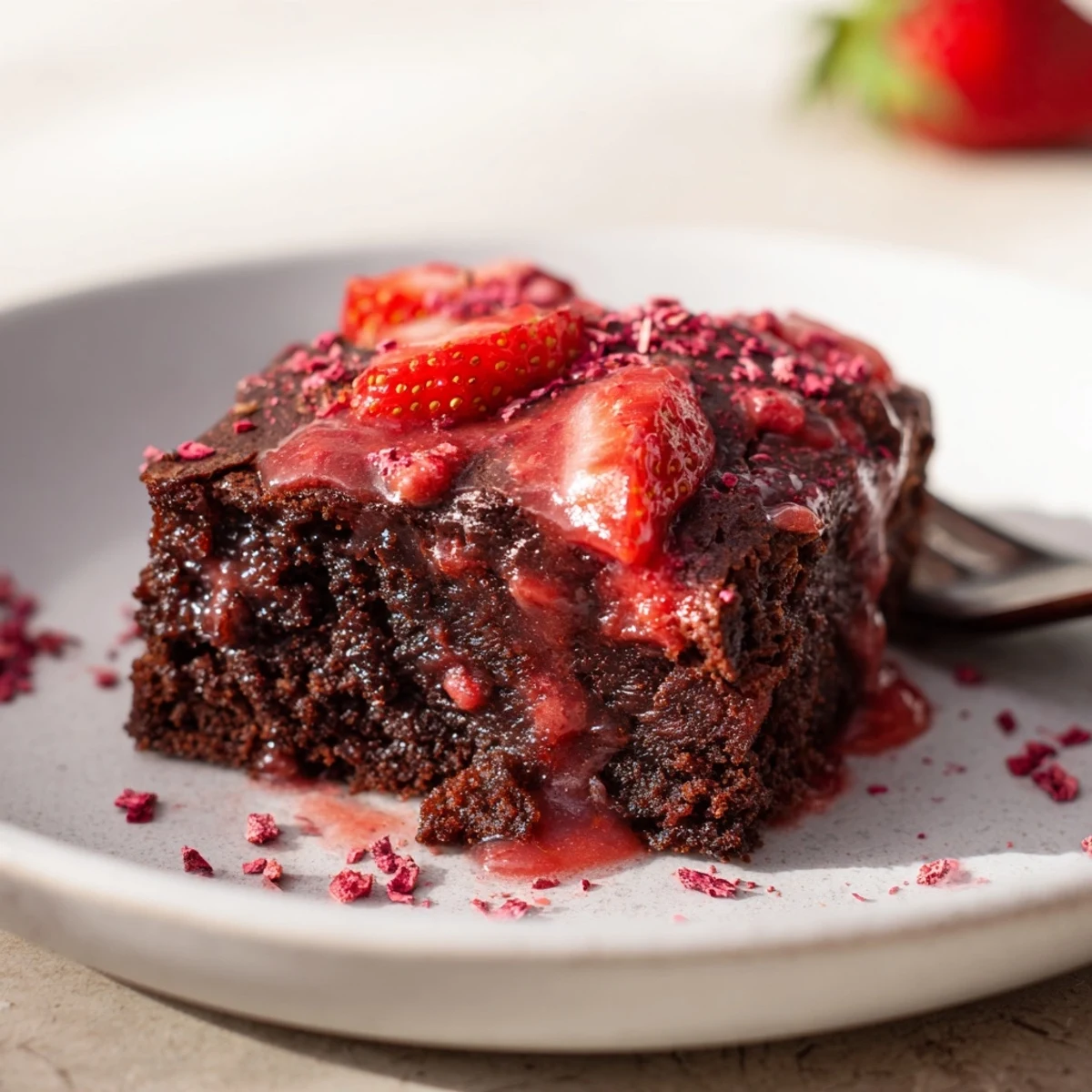 Warm Strawberry Brownies cooling in an 8x8 pan, aroma of fresh strawberries.