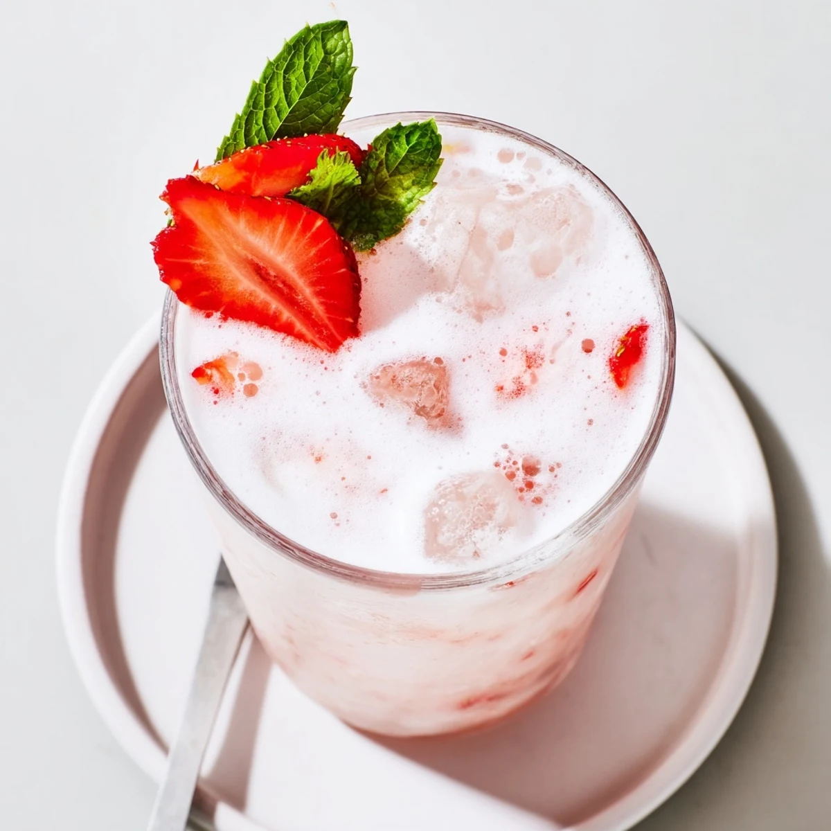 Refreshing Strawberry Coconut Cooler Recipe served over crushed ice, garnished with strawberry