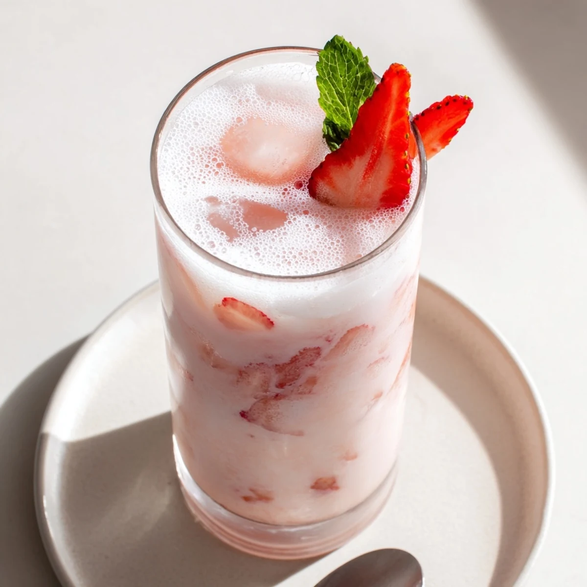 Chilled Strawberry Coconut Cooler Recipe with frothy texture, mint garnish, vibrant pink