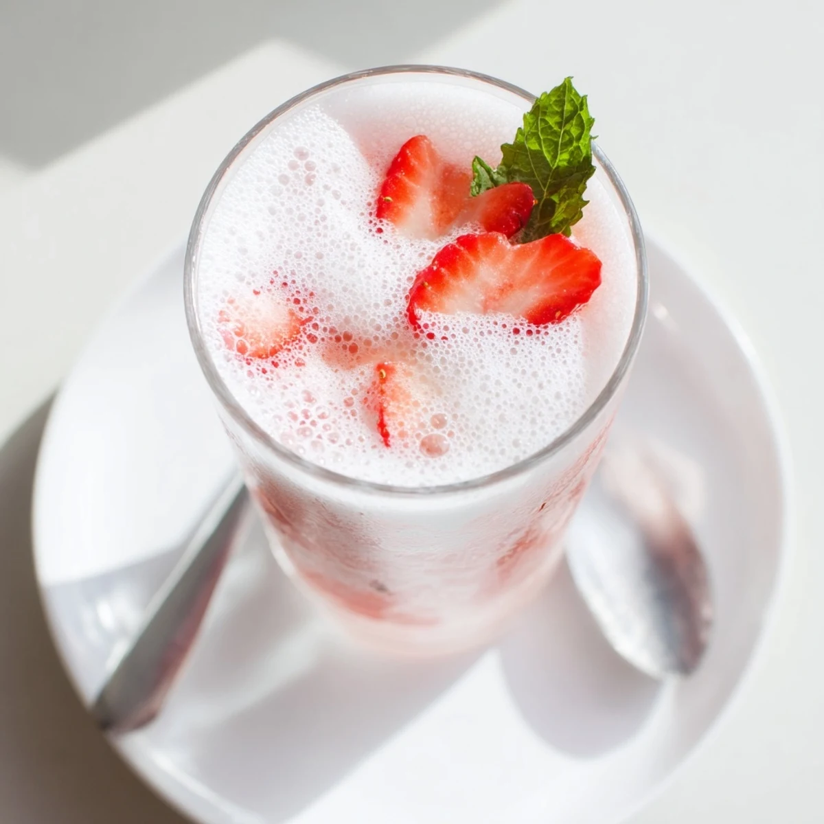 Creamy Strawberry Coconut Cooler Recipe blended with lime, ice, and fresh mint