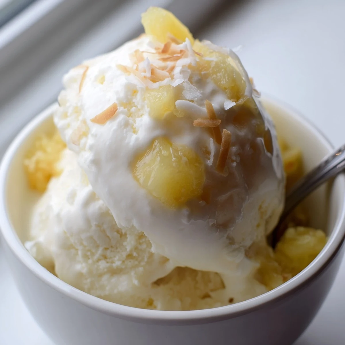 Homemade Creamy Pineapple Ice Cream flecked with juicy bites, silky texture.