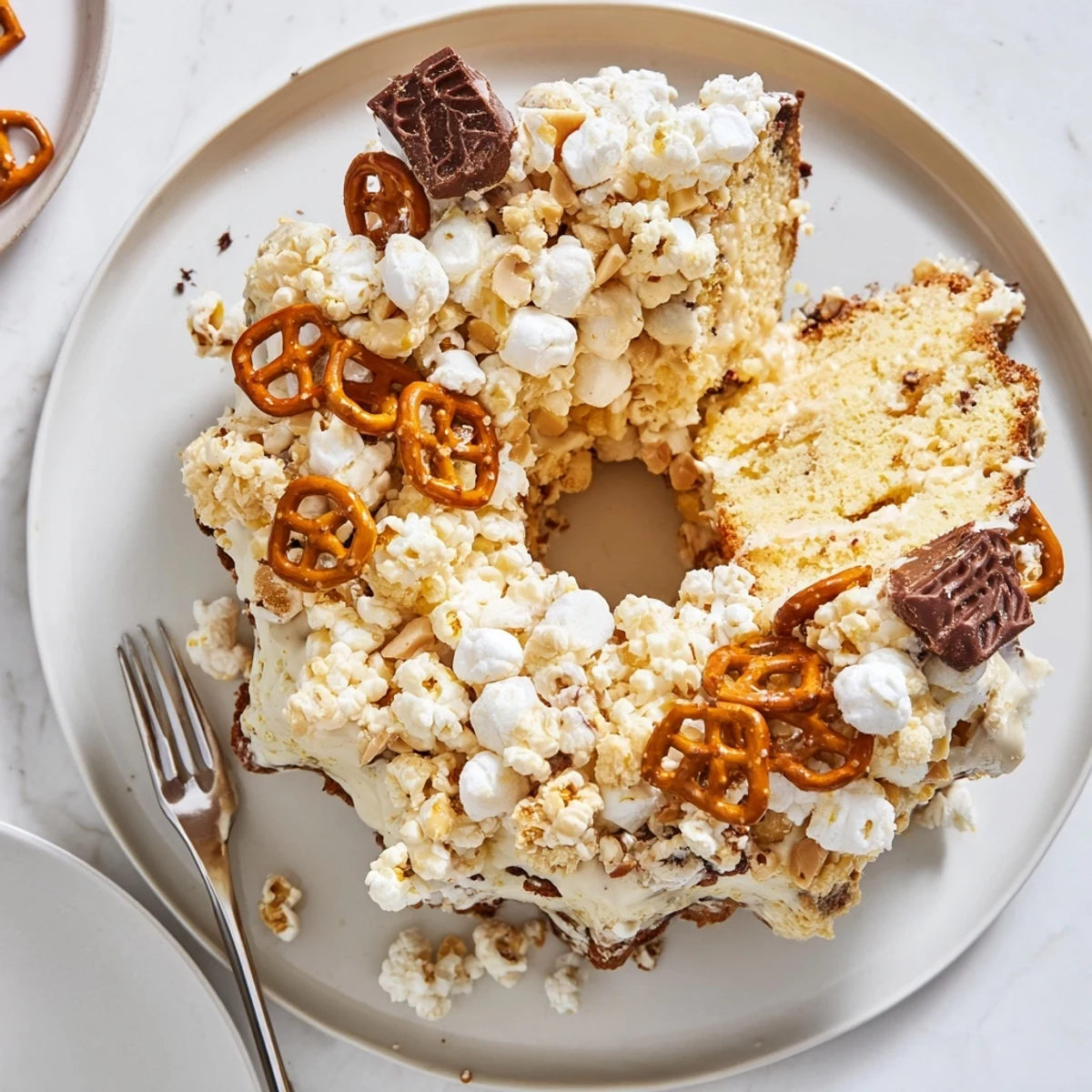 Colorful popcorn cake layered with marshmallows and candies displayed on a serving platter