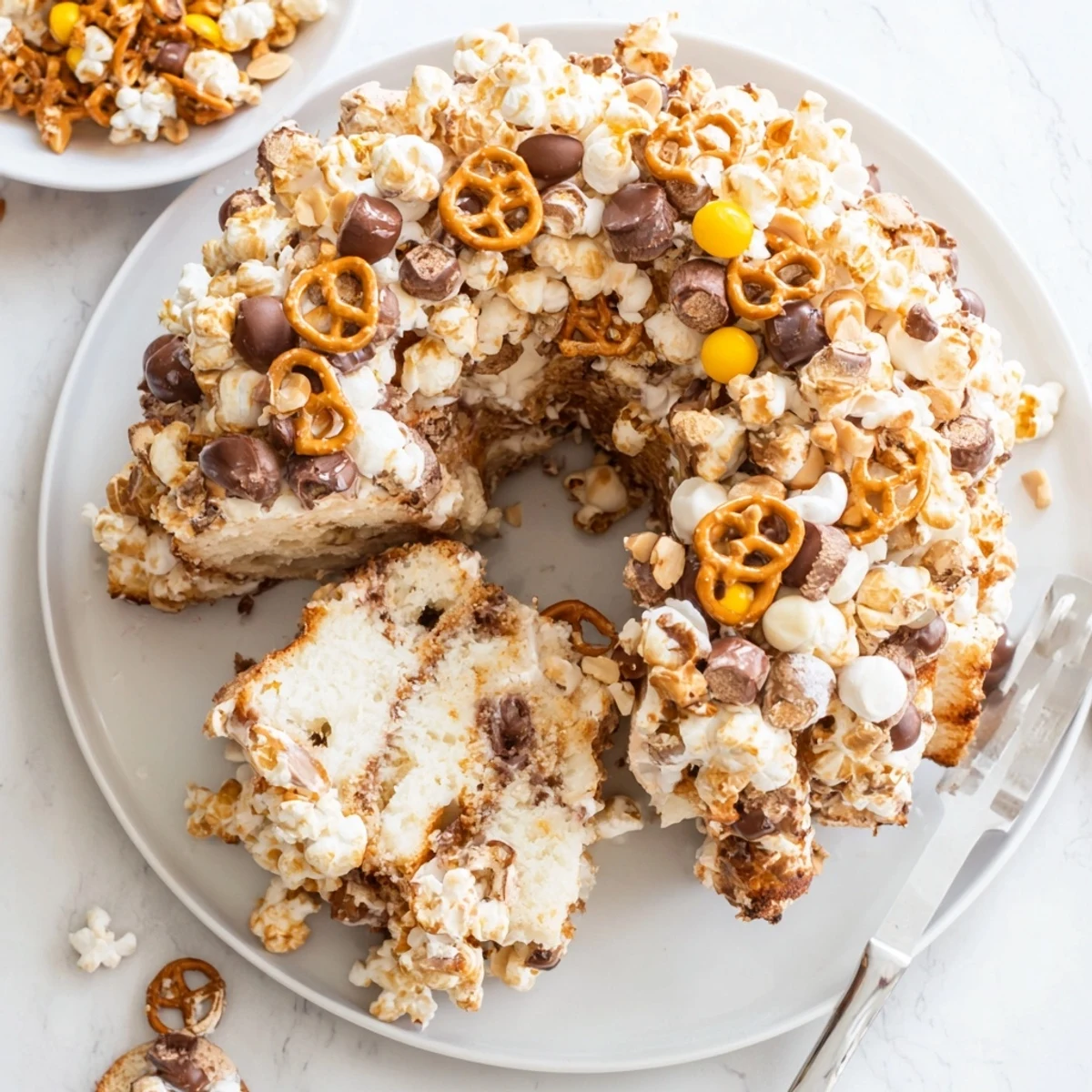 Slice of marshmallow popcorn cake showing pretzels and chocolate candies in fluffy white mixture
