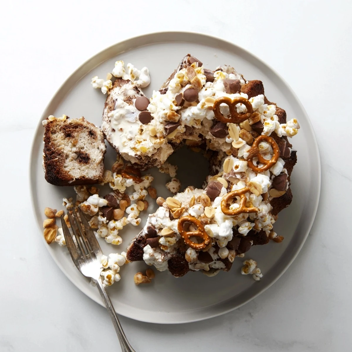 Bundt-shaped popcorn cake topped with colorful candy pieces ready for party celebrations