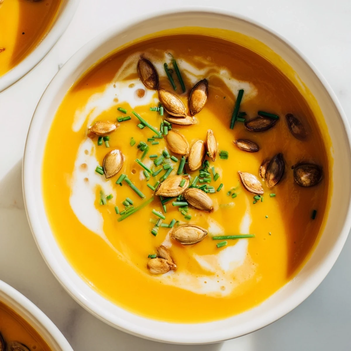 Golden bowl of creamy butternut squash soup garnished with toasted pumpkin seeds and fresh herbs