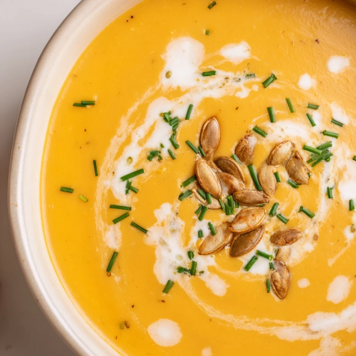Steam rising from rustic wooden dining table featuring smooth velvety butternut squash soup with cinnamon and nutmeg