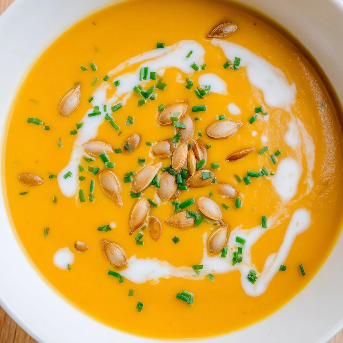 Spoon lifted from comforting butternut squash soup with swirl of coconut milk and chopped chives