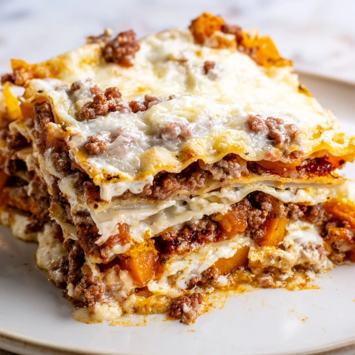 Golden butternut squash sausage lasagna with bubbling mozzarella and layers of tender roasted squash