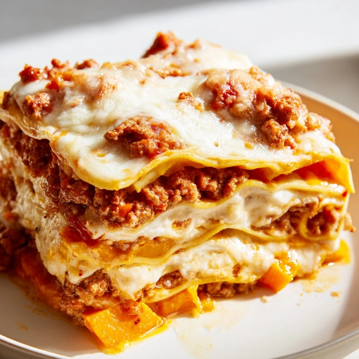 Hearty butternut squash sausage lasagna slice showing caramelized squash, savory Italian sausage, and creamy ricotta layers