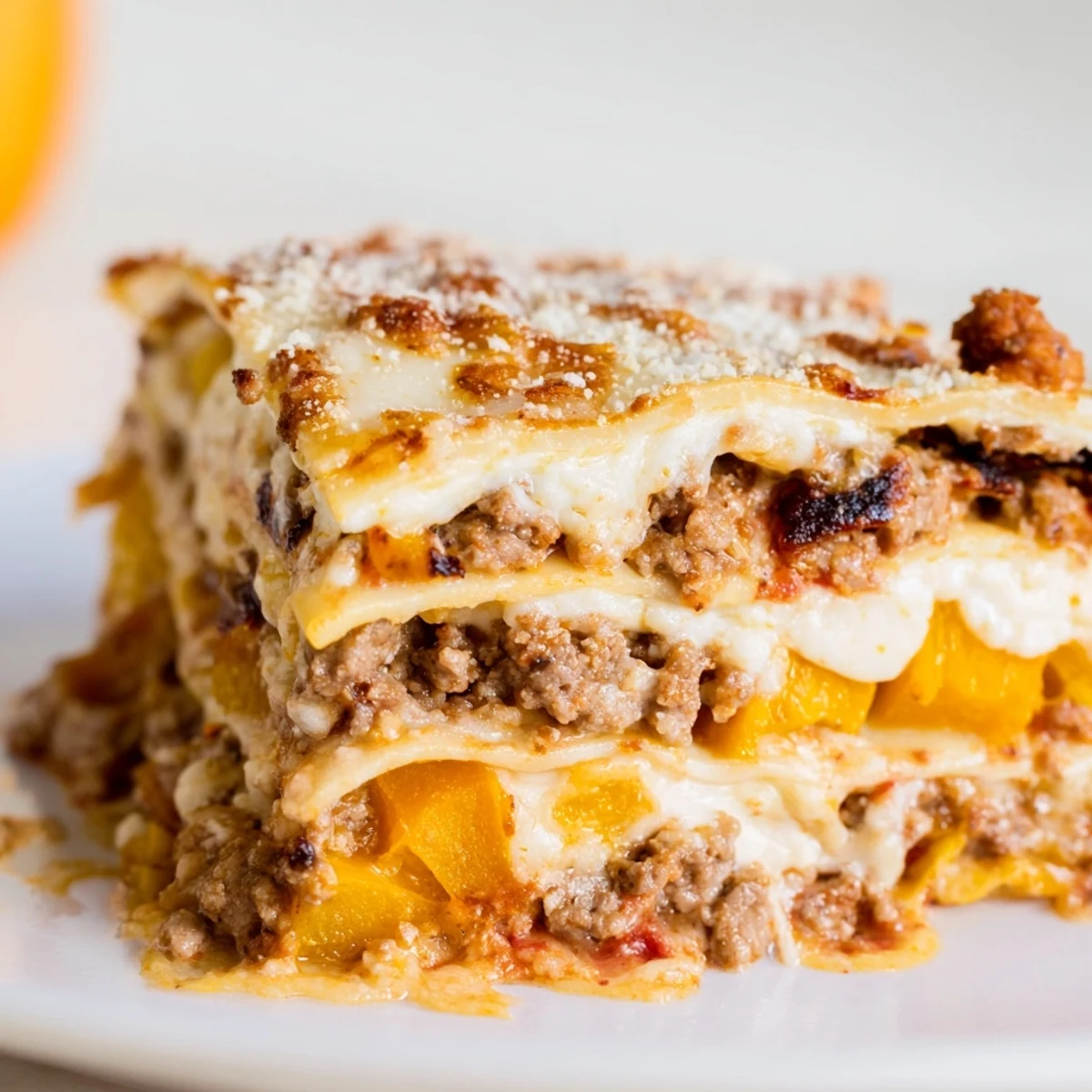 Bubbling butternut squash sausage lasagna fresh from the oven with melted cheese and aromatic tomato sauce