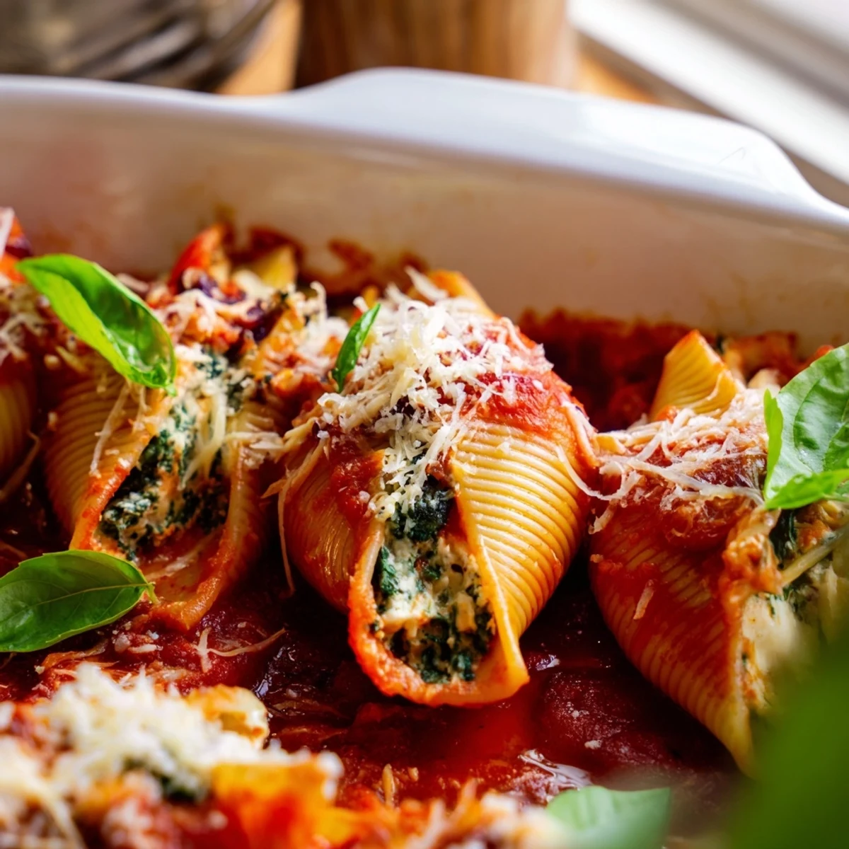 Golden baked Christmas stuffed pasta shells with ricotta spinach filling topped with red tomato sauce and fresh green basil garnish