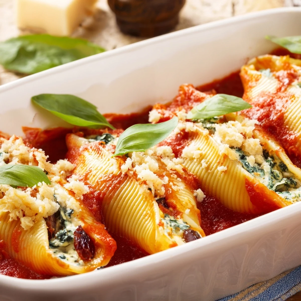 Christmas stuffed pasta shells oozing with spinach ricotta cheese and tart cranberries arranged in baking dish with bubbling sauce