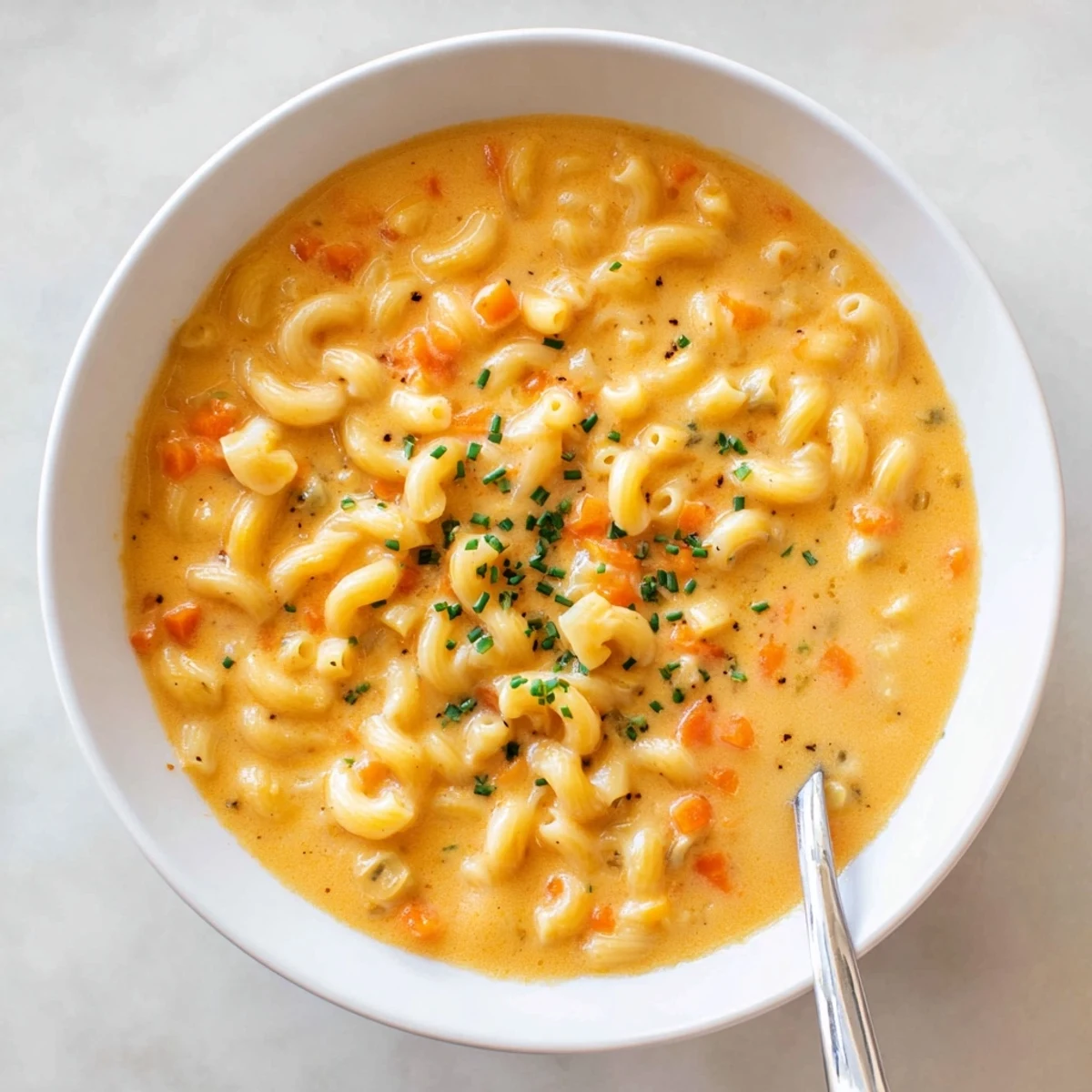 Creamy mac and cheese soup in a white bowl garnished with fresh green chives and crispy bacon bits